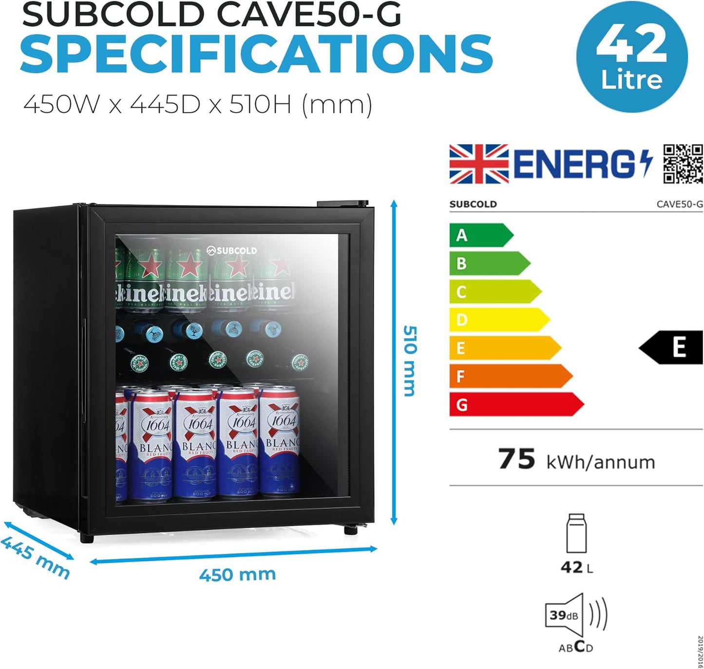 Mini Fridge 50L with Glass Door – Quiet Drinks & Beer Cooler with LED Light | Compact Small Fridge for Bedrooms, Gaming Rooms, Man Caves