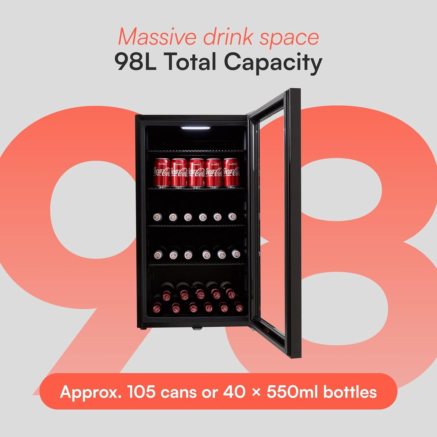 CBC98BK Under-Counter Fridge, 98 Litre Beer, Wine and Drinks Fridge with Adjustable Temperature Control, LED Light, Suitable for Cans and Bottles
