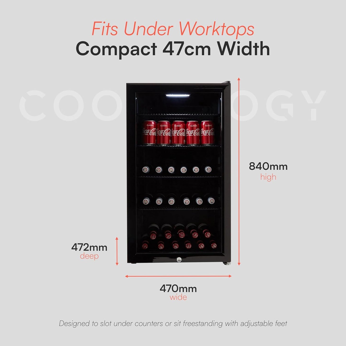 CBC98BK Under-Counter Fridge, 98 Litre Beer, Wine and Drinks Fridge with Adjustable Temperature Control, LED Light, Suitable for Cans and Bottles