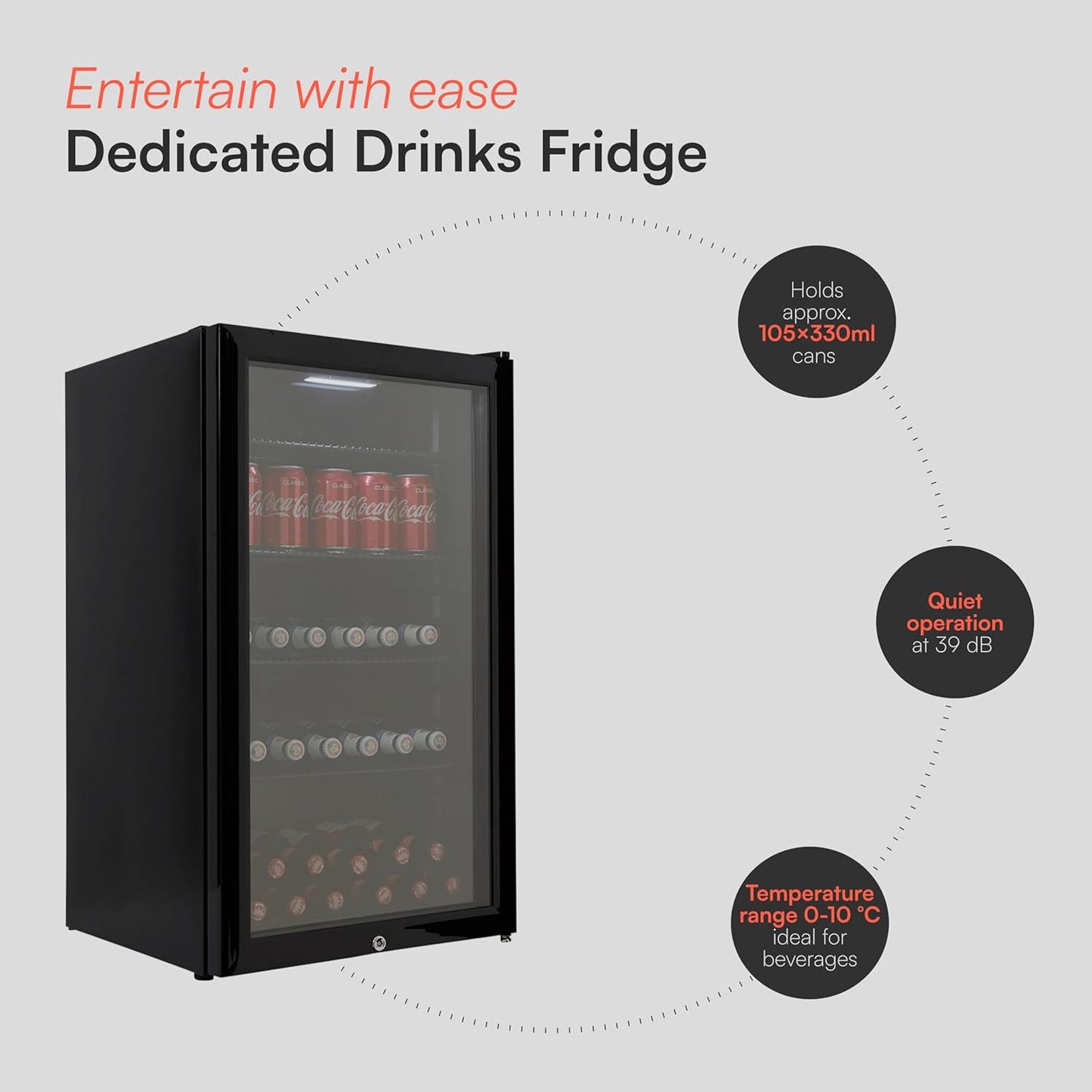 CBC98BK Under-Counter Fridge, 98 Litre Beer, Wine and Drinks Fridge with Adjustable Temperature Control, LED Light, Suitable for Cans and Bottles